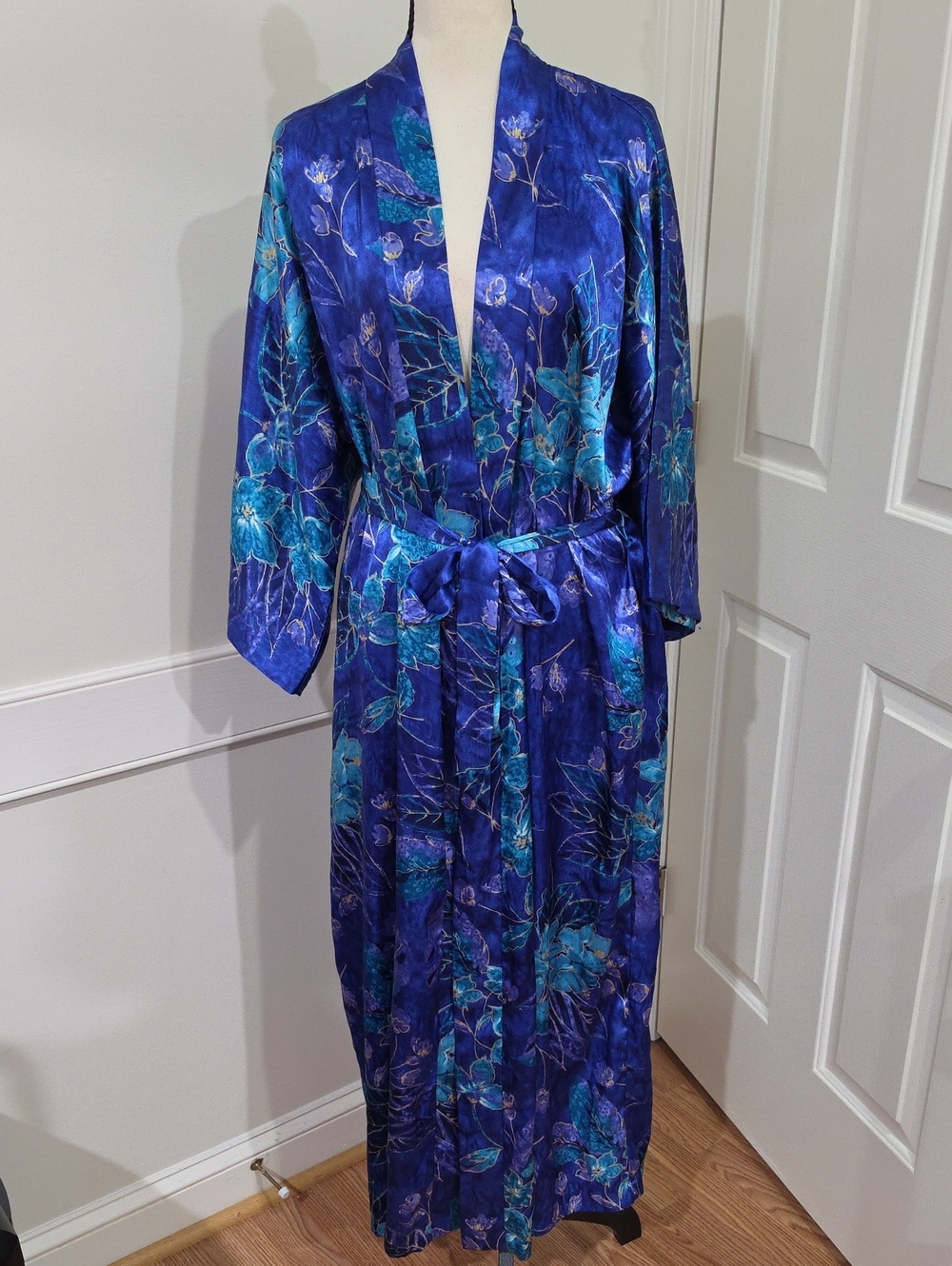 VTG California Dynasty Polyester Satin Floral Kimono Robe Maxi-Large Blue Green